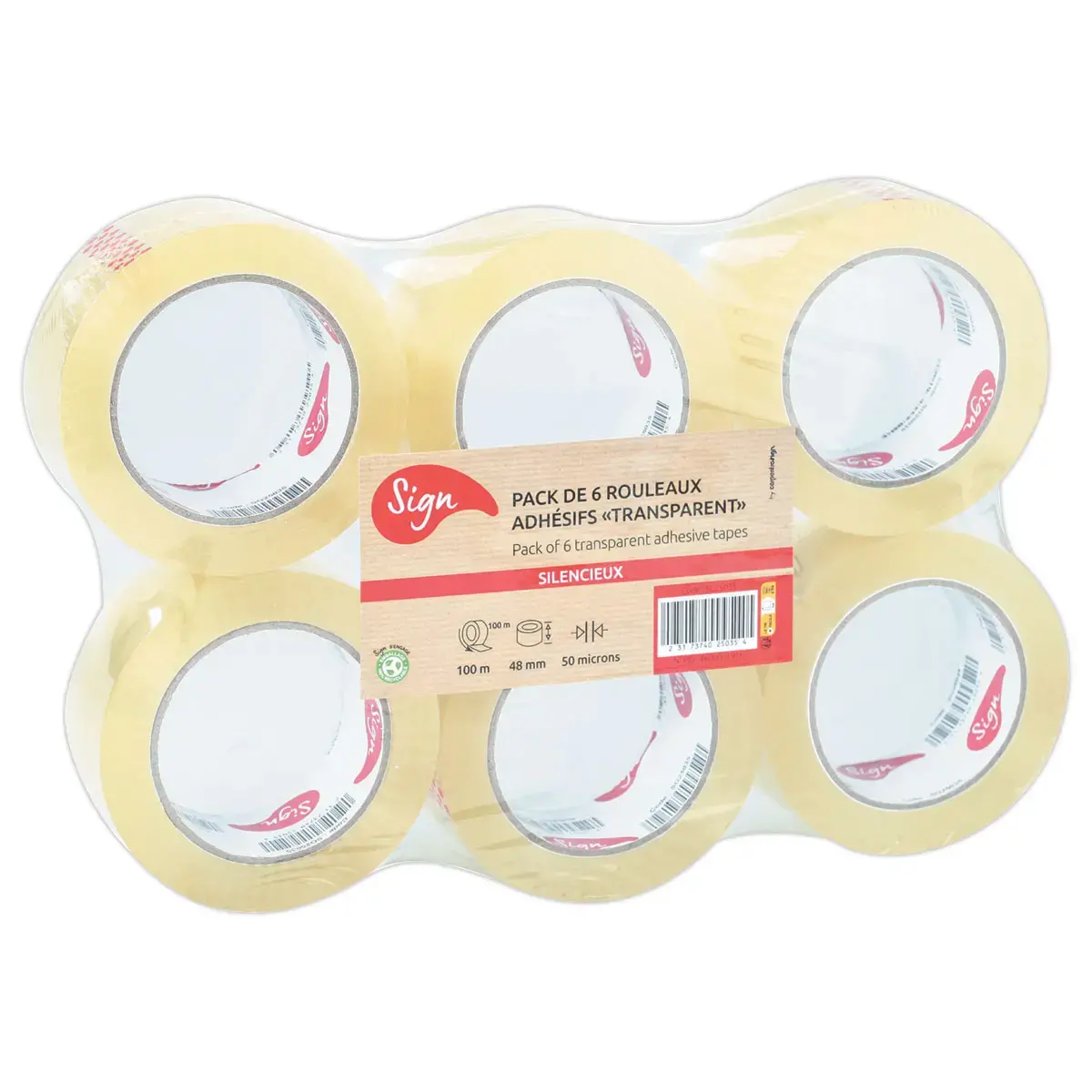 6 Rouleaux d'adhésif d'emballage - 100 m x 48 mm - 50µ - Transparent - Sign