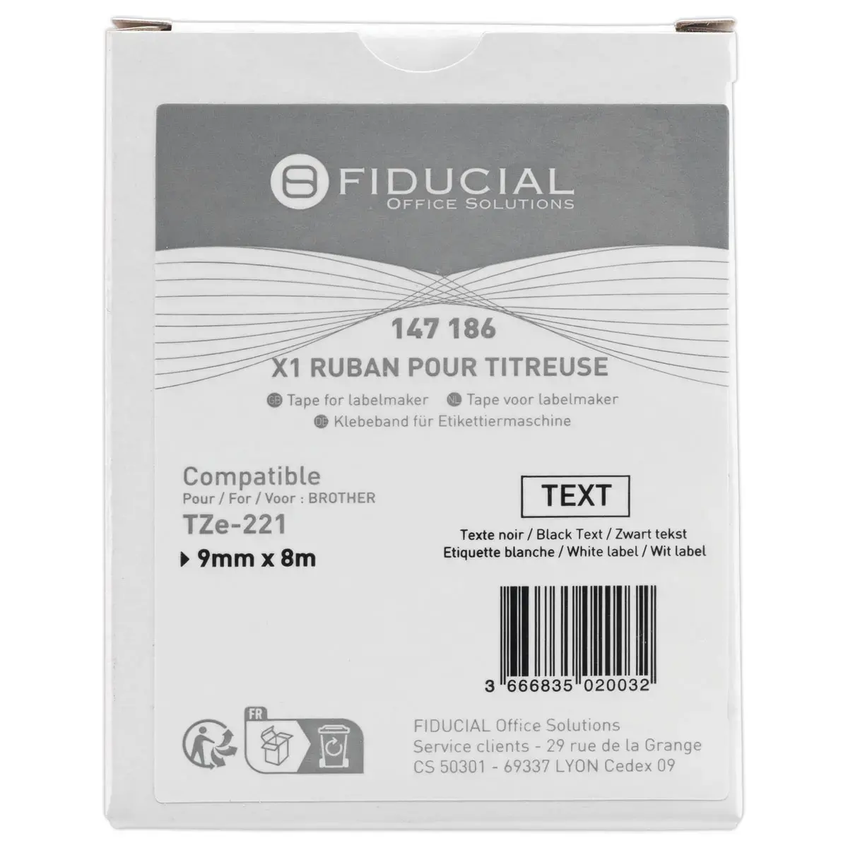 Ruban comp BROTHER TZE 221 9mm blanc impression noire