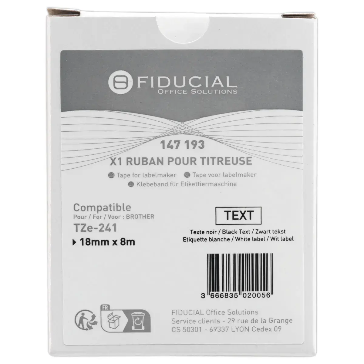 Ruban comp BROTHER TZE 241 18mm blanc impression noire 