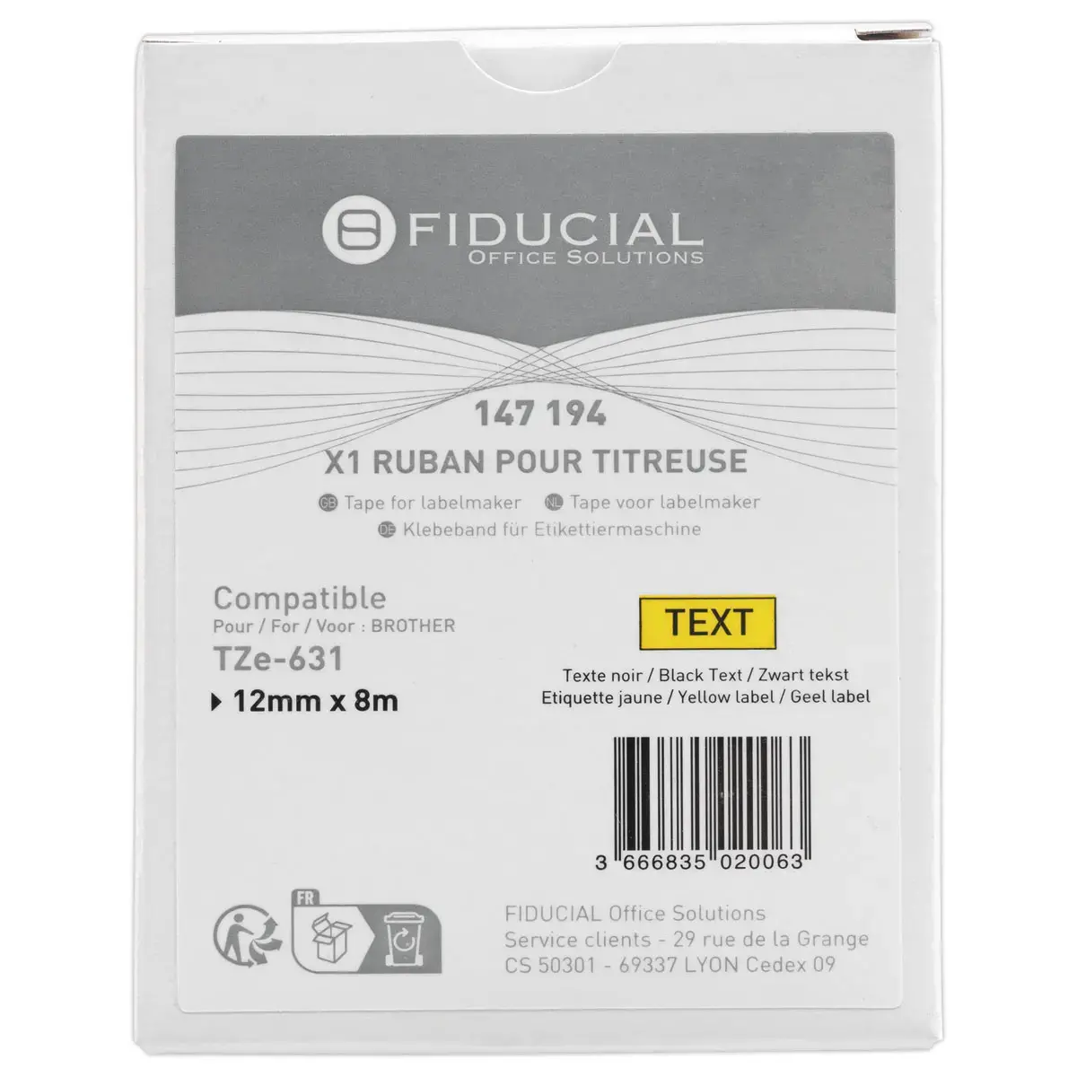 Ruban comp BROTHER TZE 631 12mm jaune impression noire