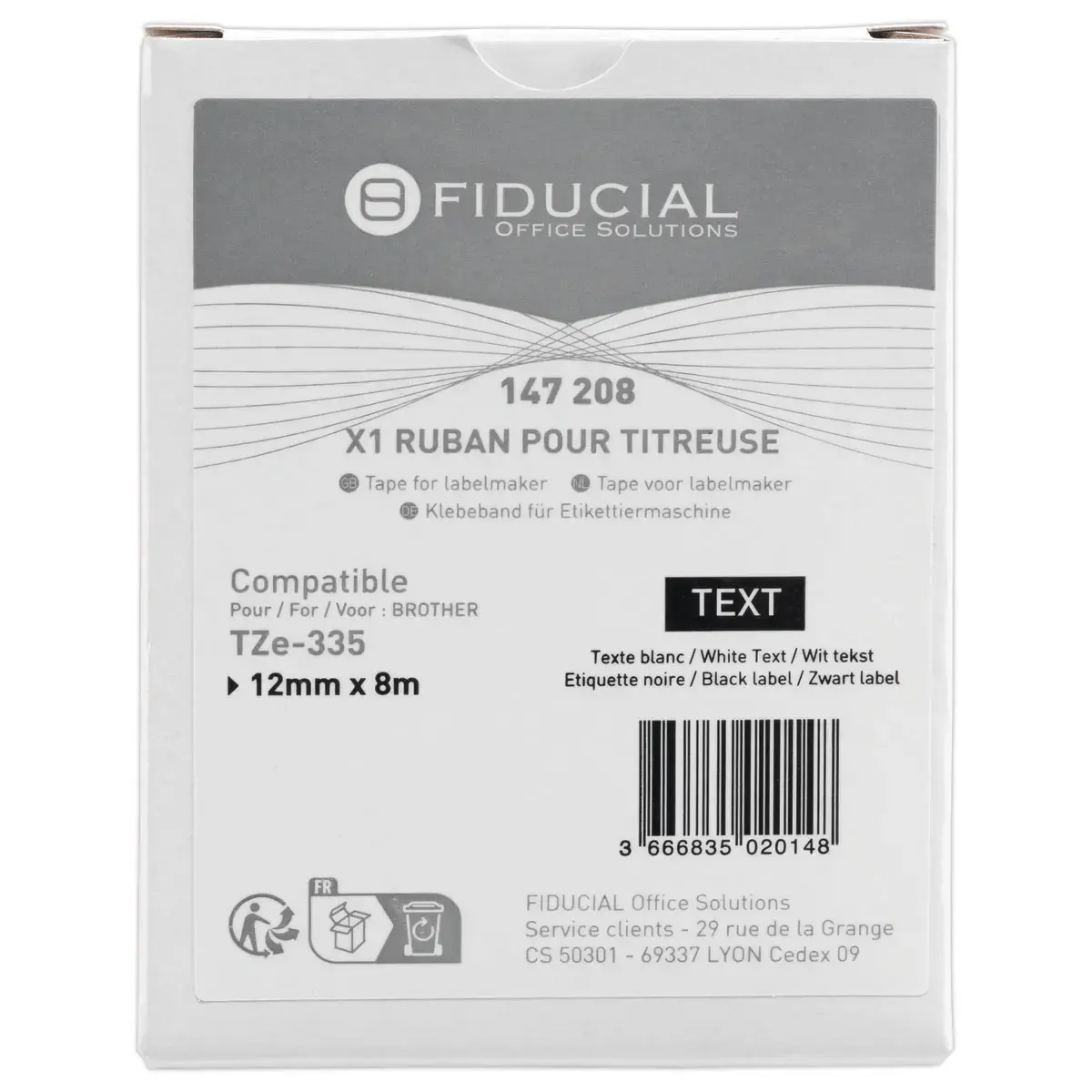 Ruban comp BROTHER TZE 335 12mm noir impression blanc 