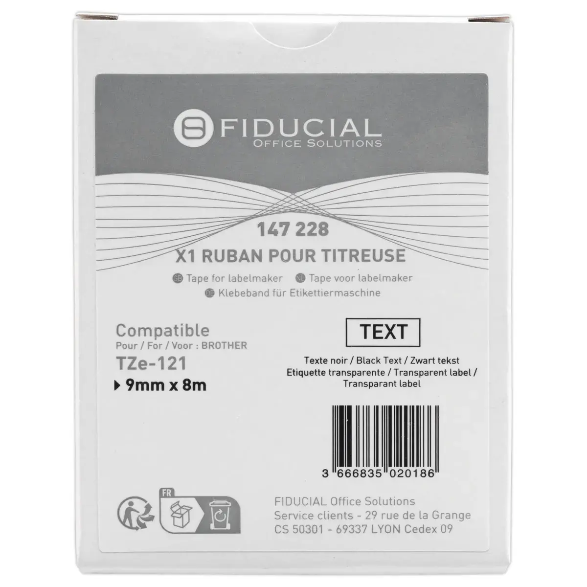 Ruban comp BROTHER TZE 121 9mm transparent impression noire