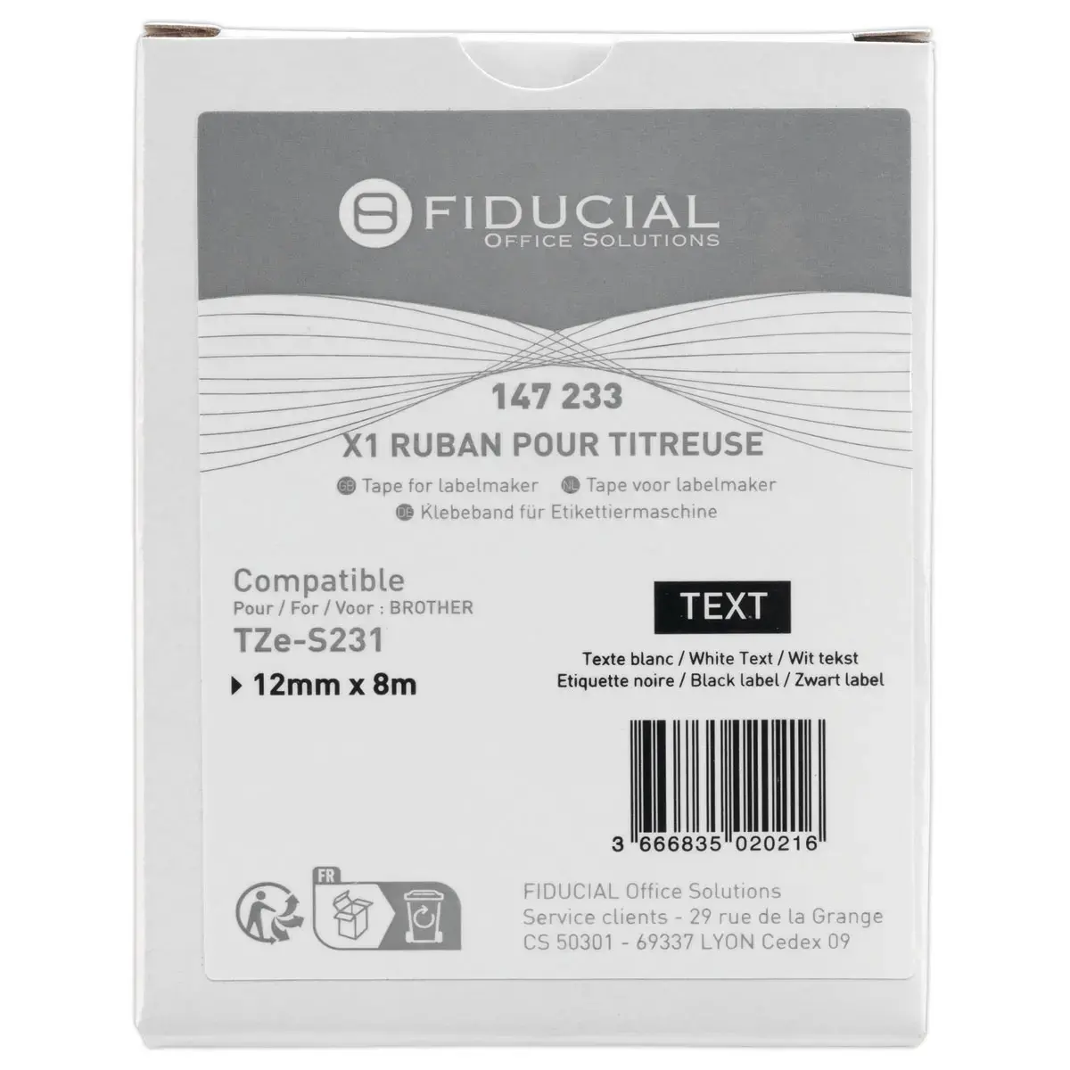 Ruban comp BROTHER TZSE 231 12mm blancimpression noire LAM 