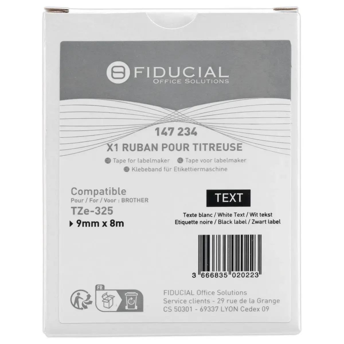 Ruban comp BROTHER TZE 325 9mm noir impression blanc 