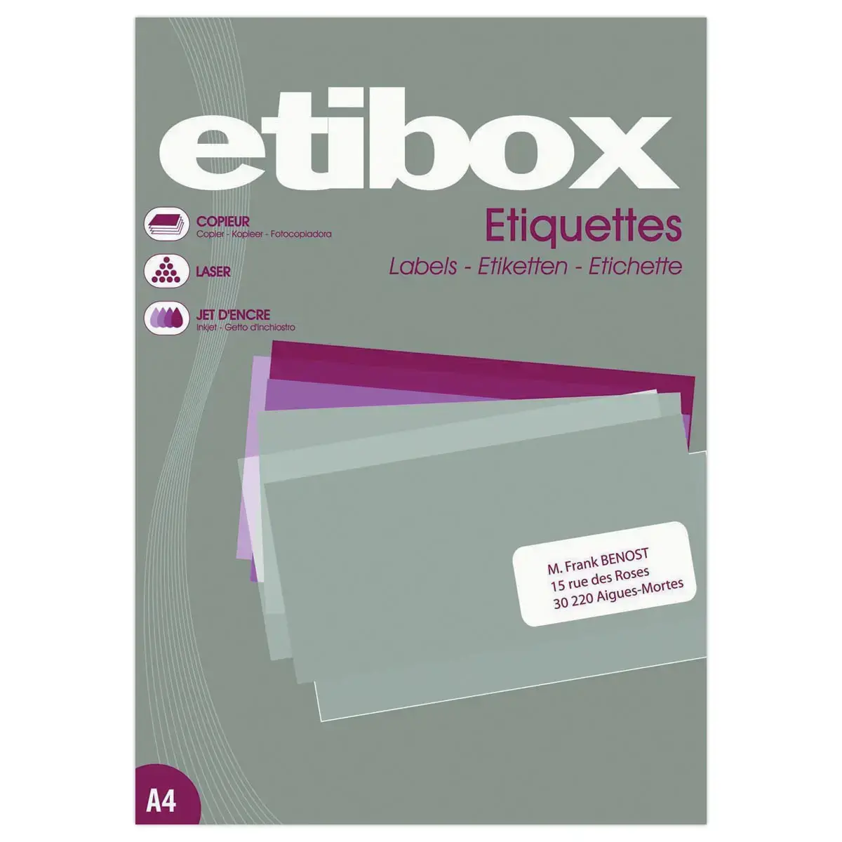 100 Planche d'étiquettes ETIBOX coins droits 210x297mm 100 étiq/boît