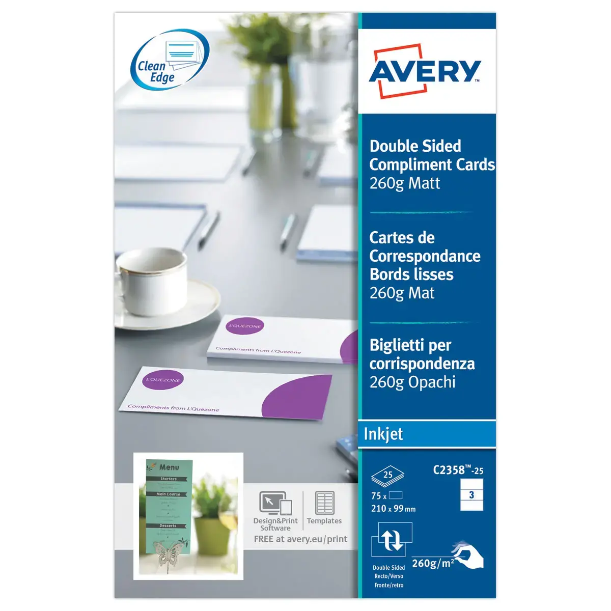 Cartes de correspondance recto/verso bords lisses Quick&Clean 