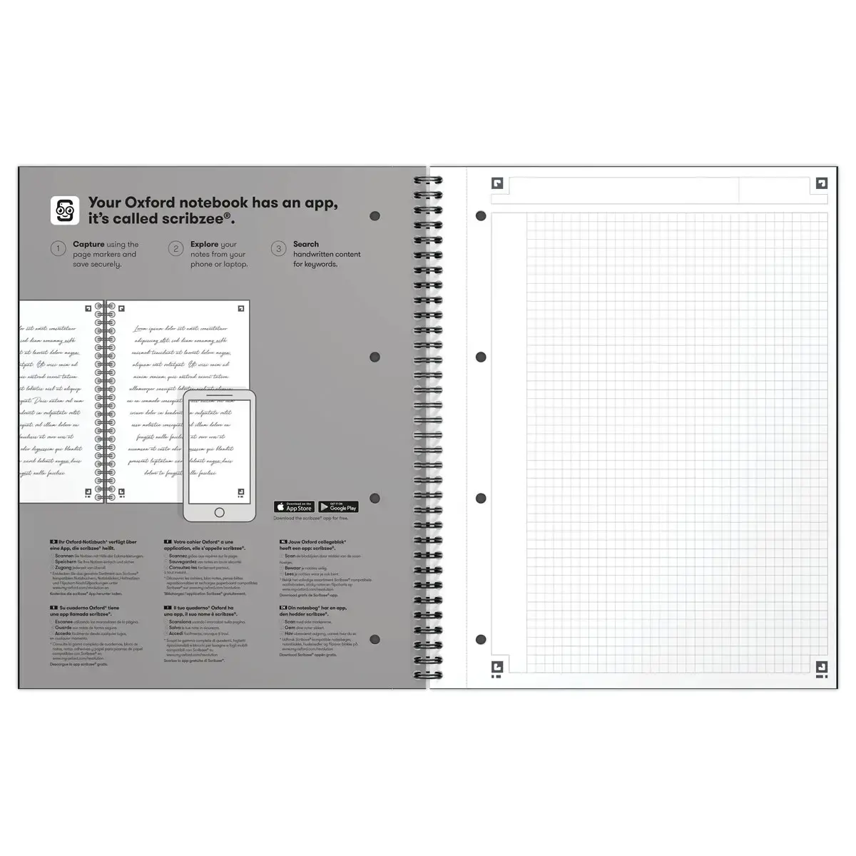 Cahier spirale Notebook A4+, 160p, 5x5, Oxford international Noir 