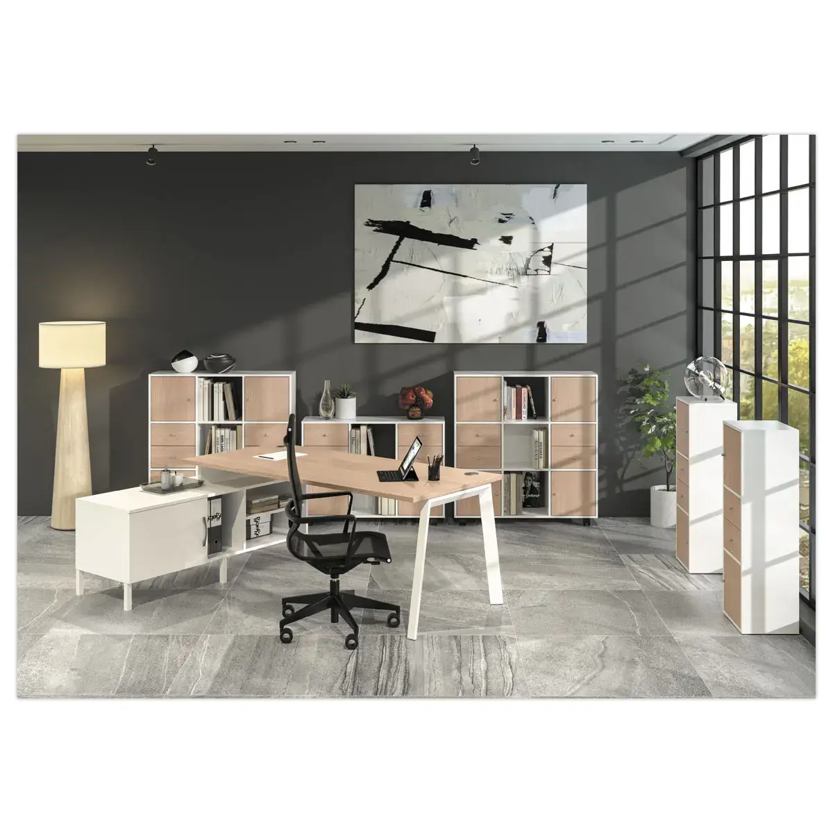 Bureau de direction avec caisson porteur ch&ecirc;ne/blanc mont&eacute; 