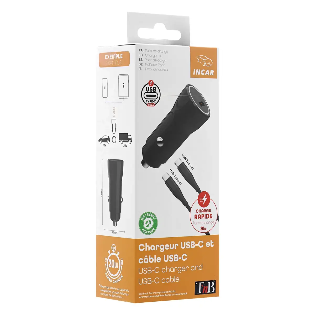 Chargeur voiture USB-C + câble type C 1M
