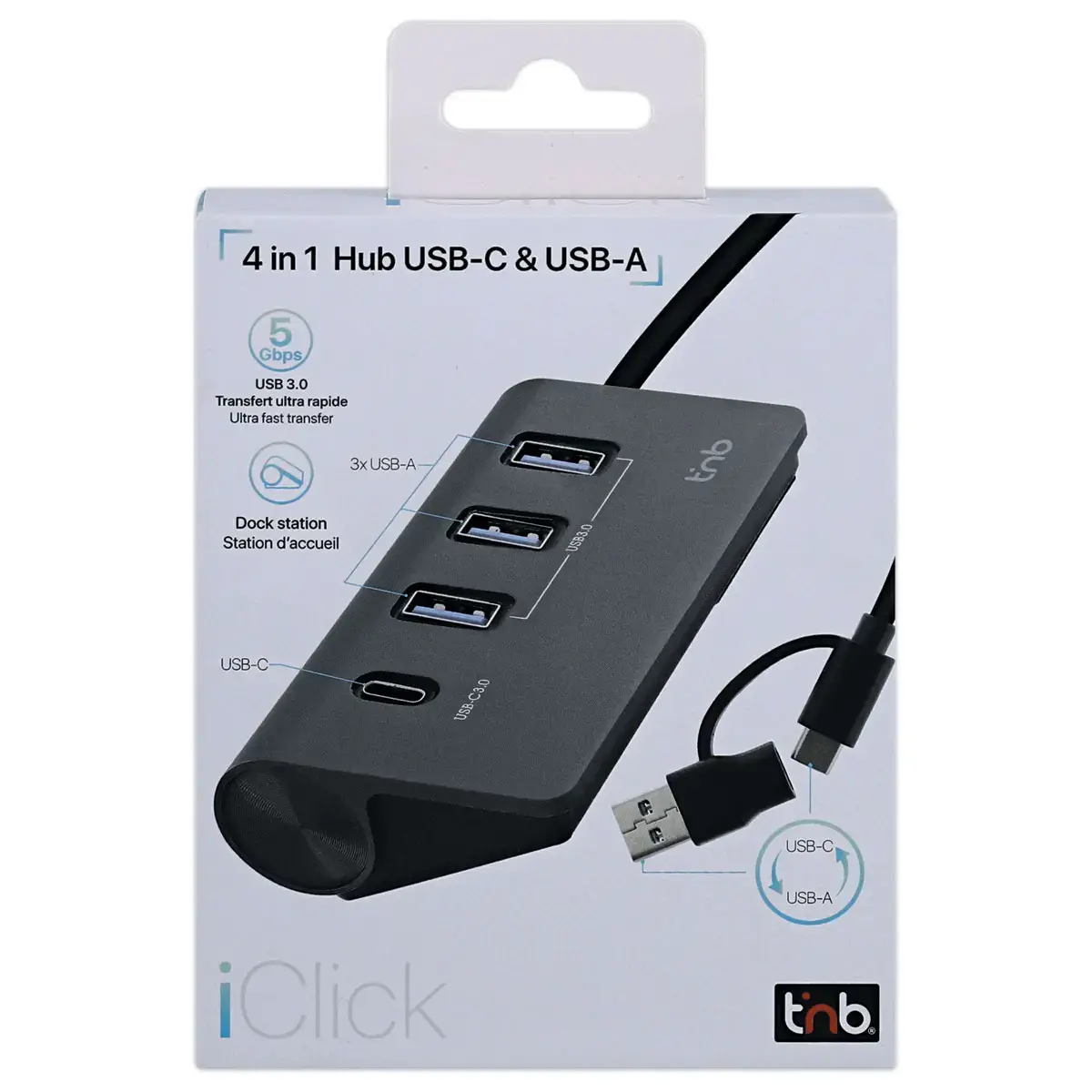 Hub 4 en 1 USB-A & USB-C 3.0 en aluminium vers 3x USB-A + 1xUSB-C