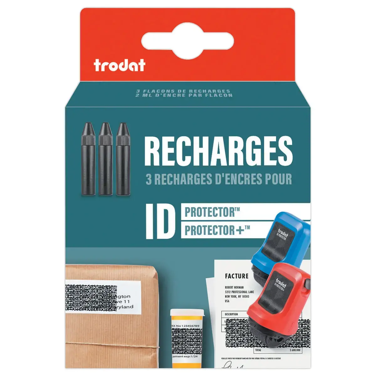 3 Flacons encre recharge pour Tampon rouleau ID Protector Trodat
