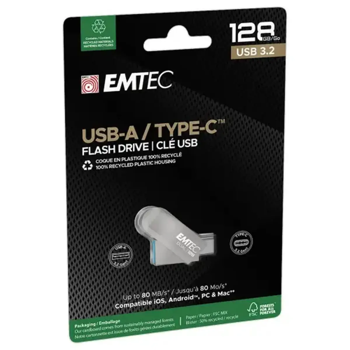 Cl&eacute; USB double connectique 2.0 USB-A/USB-C 128Go - EMTEC 