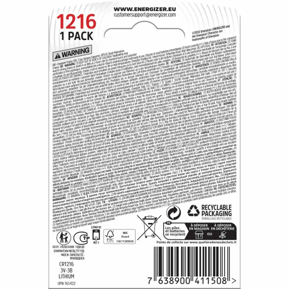 Pile Lithium CR1216 miniature Energizer 