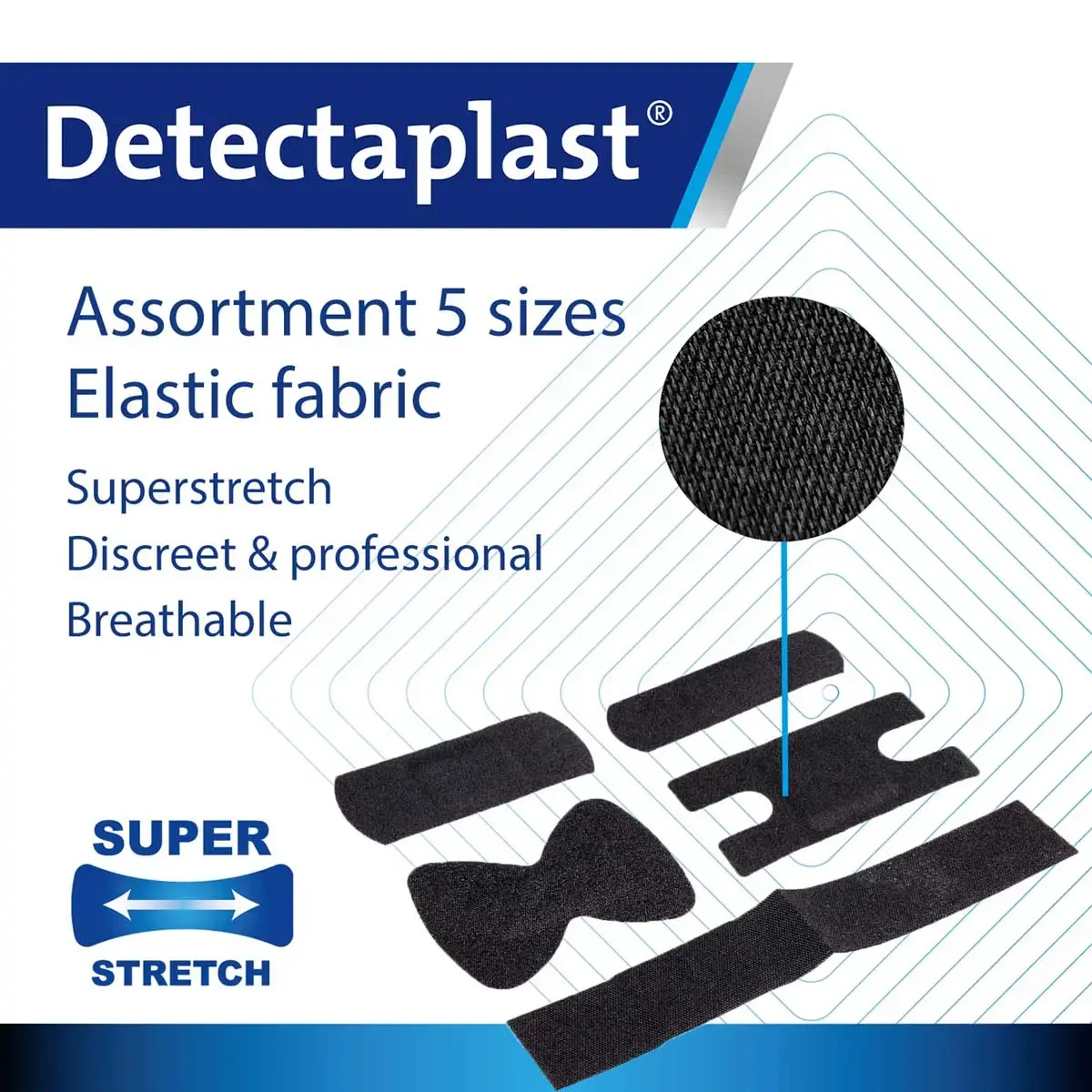 Boite de 50 pansements en tissu &eacute;lastique - 5 tailles - Noir - Detectaplast 