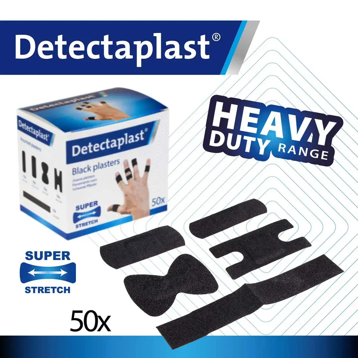 Boite de 50 pansements en tissu &eacute;lastique - 5 tailles - Noir - Detectaplast 