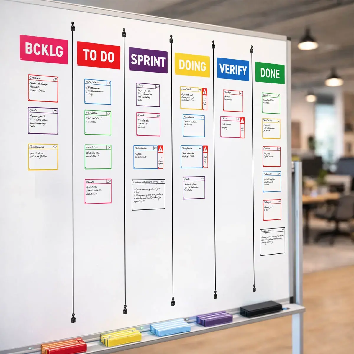 Cartes magn&eacute;tiques pour tableau Scrum - 6 colonnes - Djois 