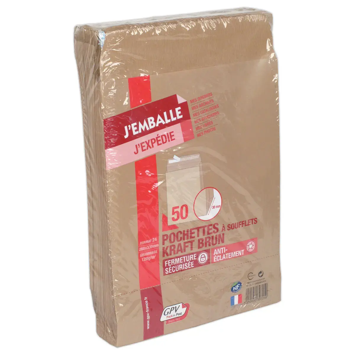 50 Pochettes à soufflet en kraft brun - 120 g - 260 x 330mm - GPV