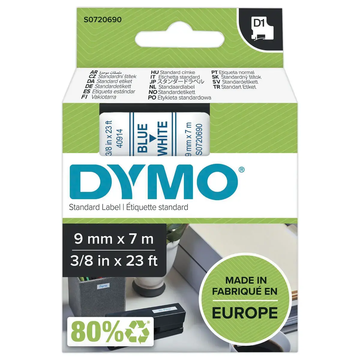 Ruban D1 S0720690 - 7 m x 9 mm - Texte bleu sur fond blanc - Dymo
