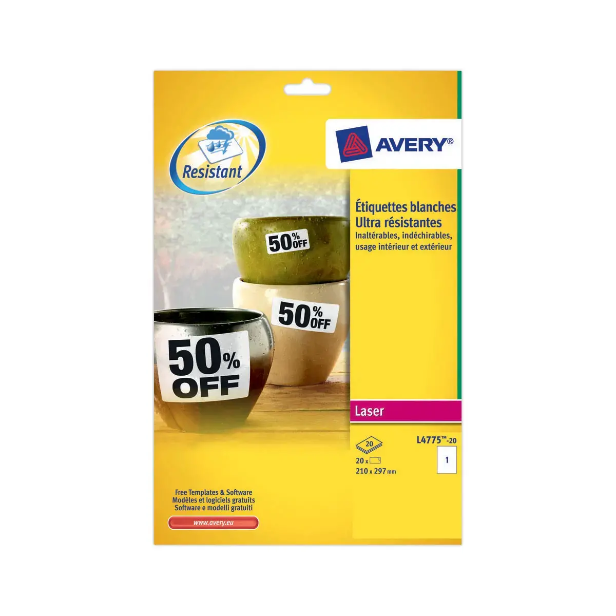 Boîte de 20 étiquettes inaltérables laser - 210x297mm - Blanc - AVERY