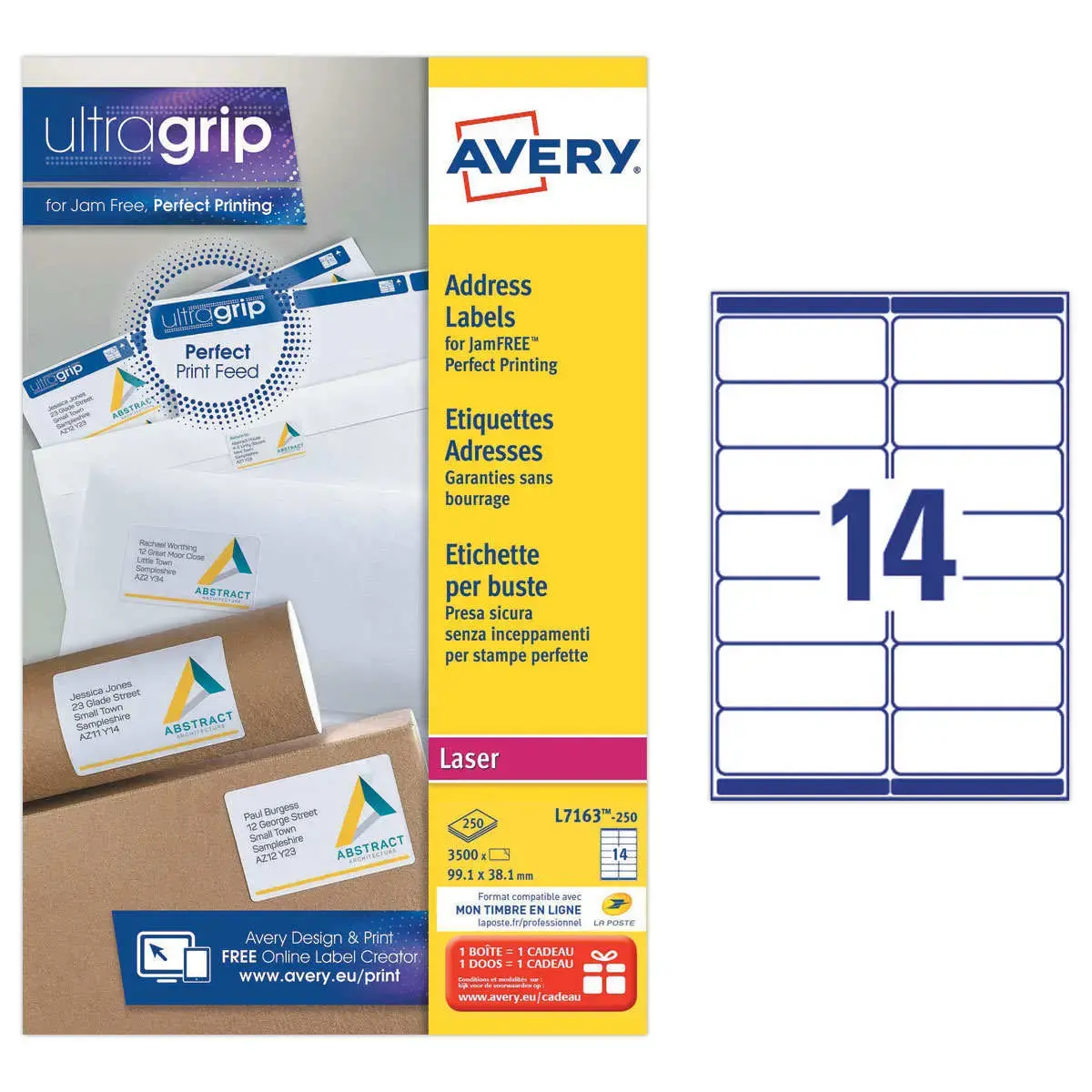 250 Planches de 14 étiquettes adresses blanches pour imprimantes laser - 99,1 x 38,1 mm - AVERY
