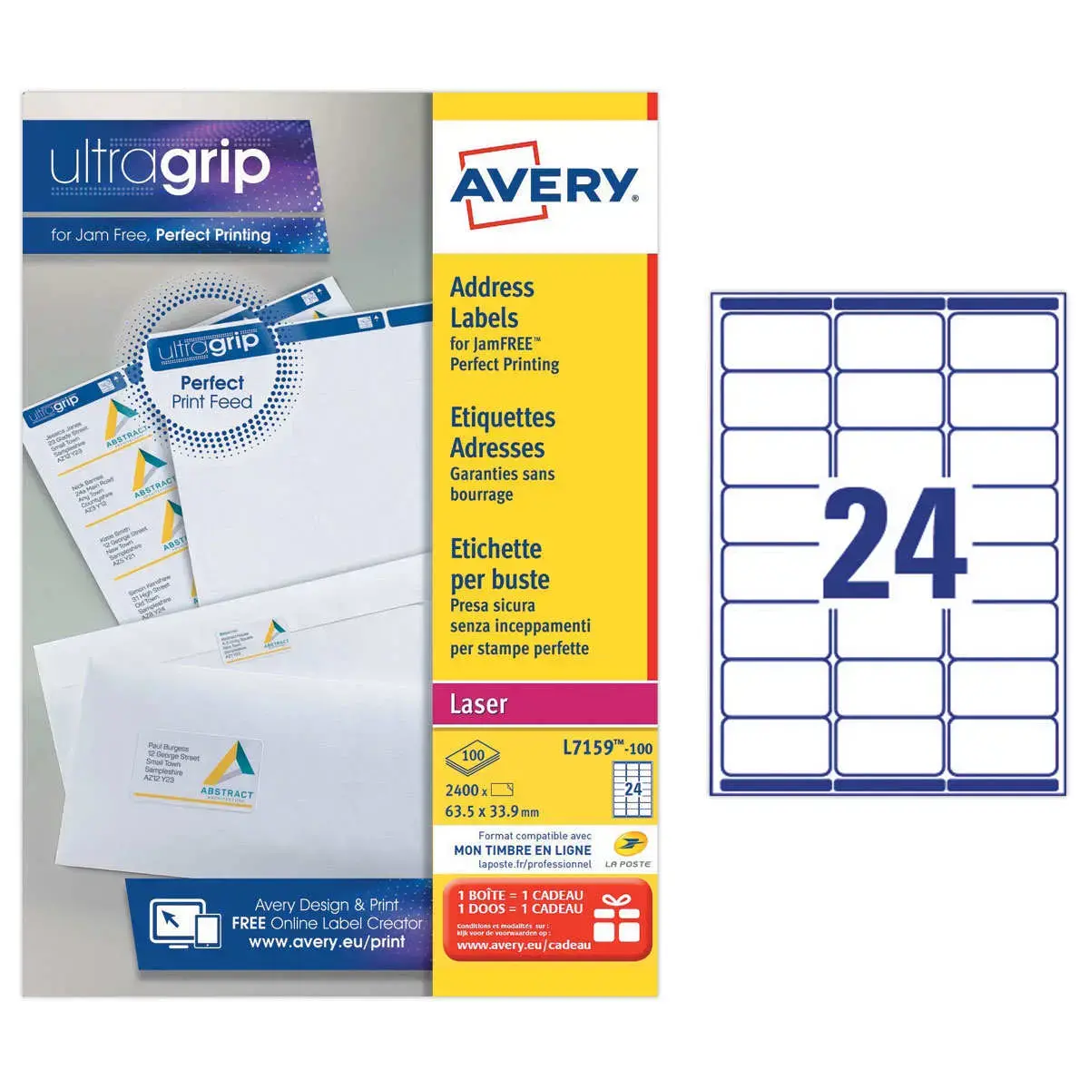 100 Planches de 24 étiquettes adresses blanches pour imprimantes laser - 63,5 x 33,9 mm - AVERY