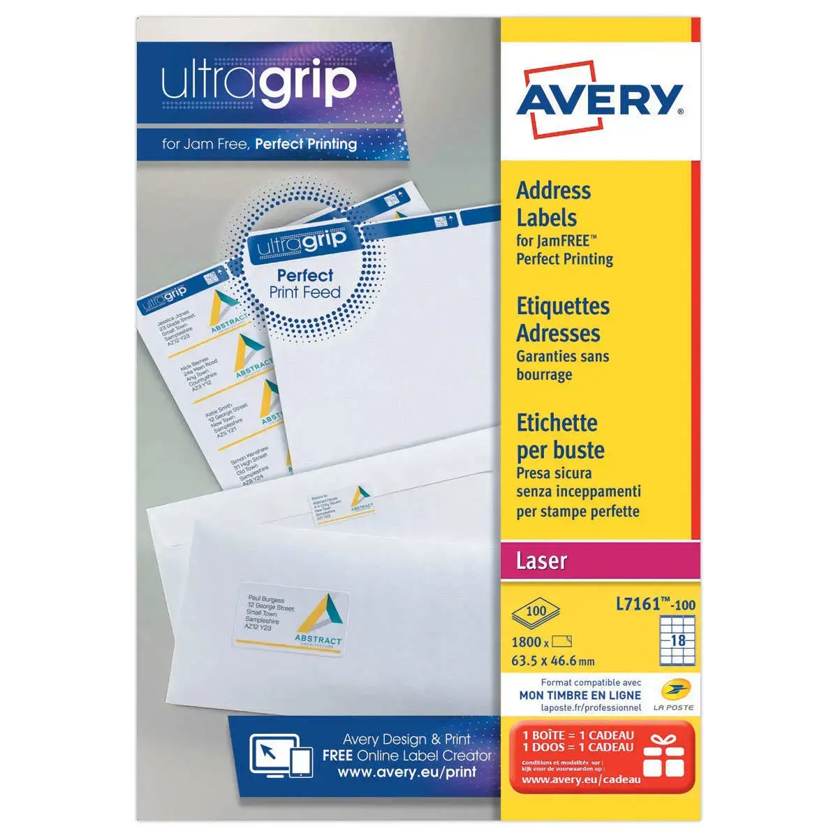 100 Planches de 18 étiquettes adresses blanches pour imprimantes laser - 63,5 x 46,6 mm - AVERY