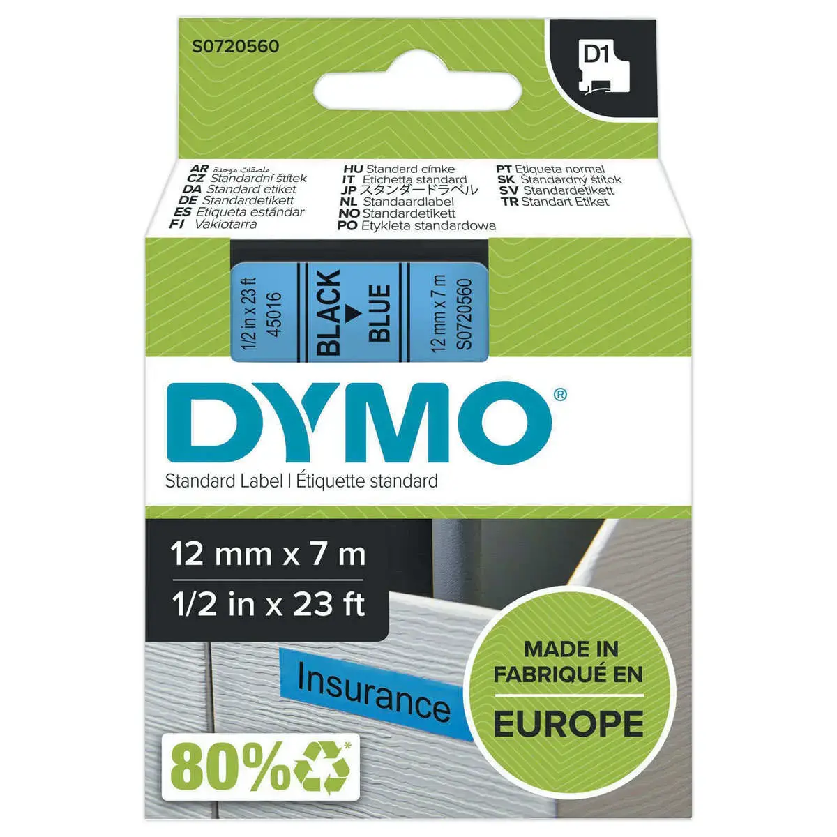 Ruban pour titreuse D1 - 7 m x 12 mm - Texte noir sur fond bleu - Dymo