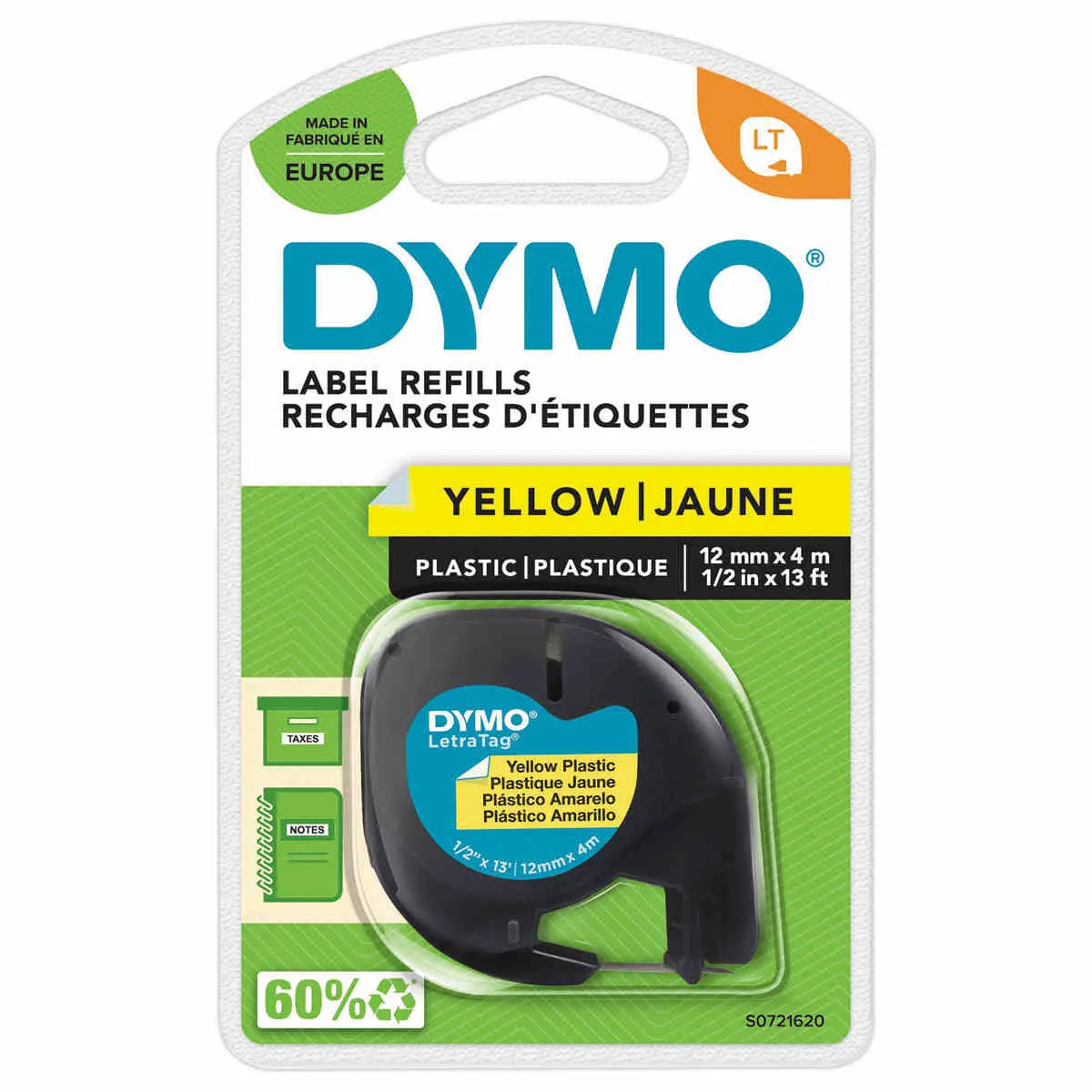 Ruban plastique Letratag - 12 mm - texte noir sur fond jaune