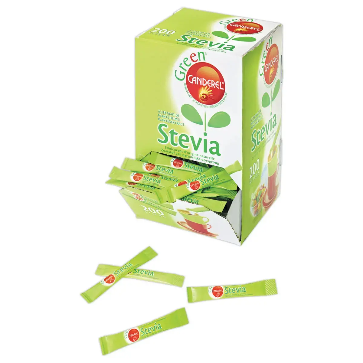 250 Bûchettes d'édulcorant CANDEREL GREEN STEVIA en boîte distributrice