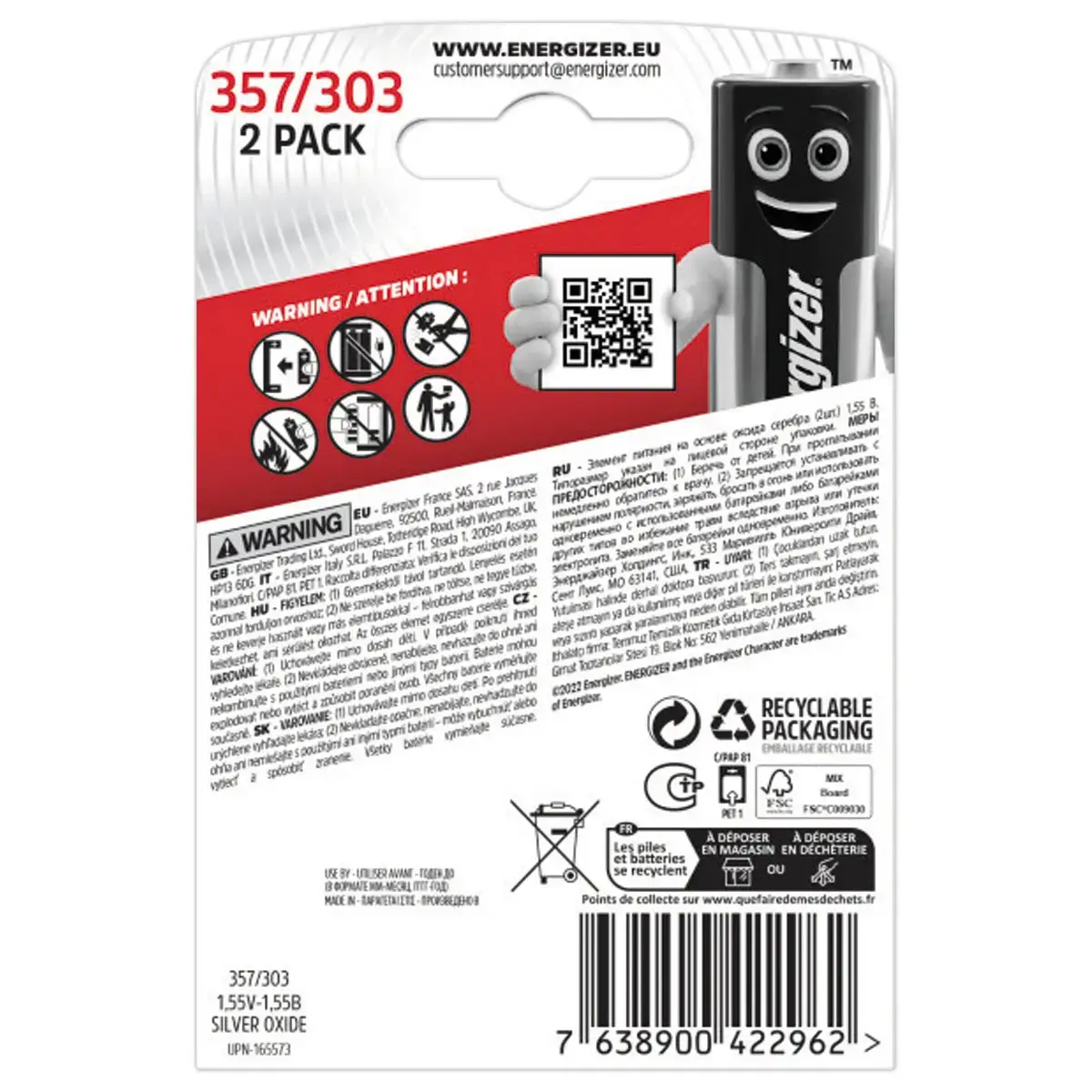 2 Piles bouton oxyde d'argent SR44 - 1,5V - ENERGIZER