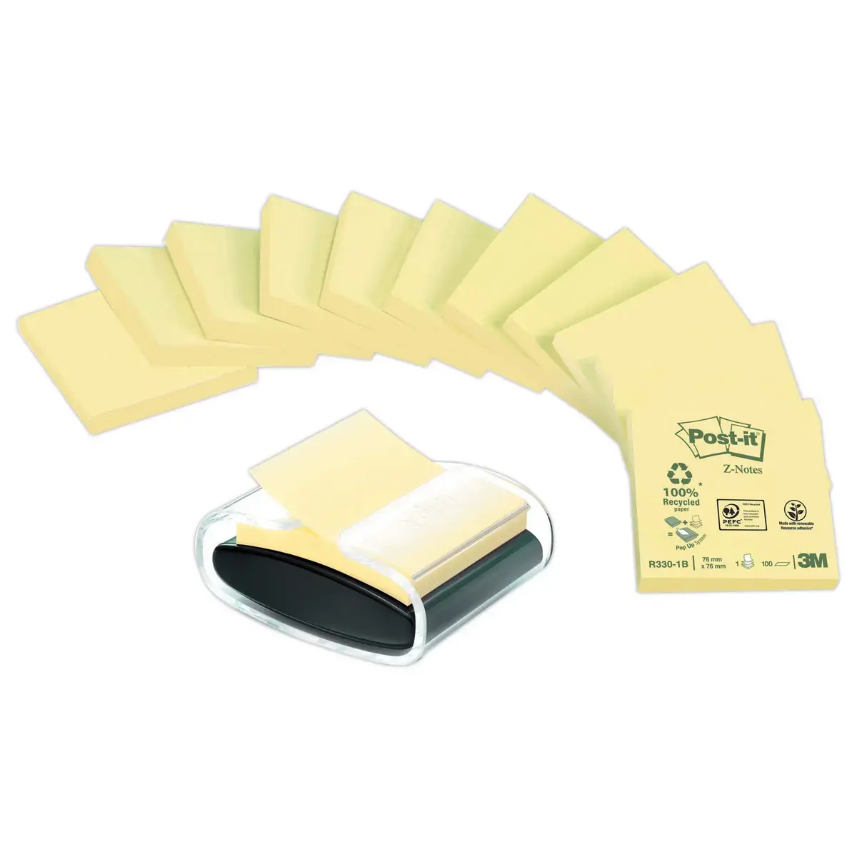 Blocs Notes recyclées 76x76mm jaunes + dévidoir Millenium - POST-IT