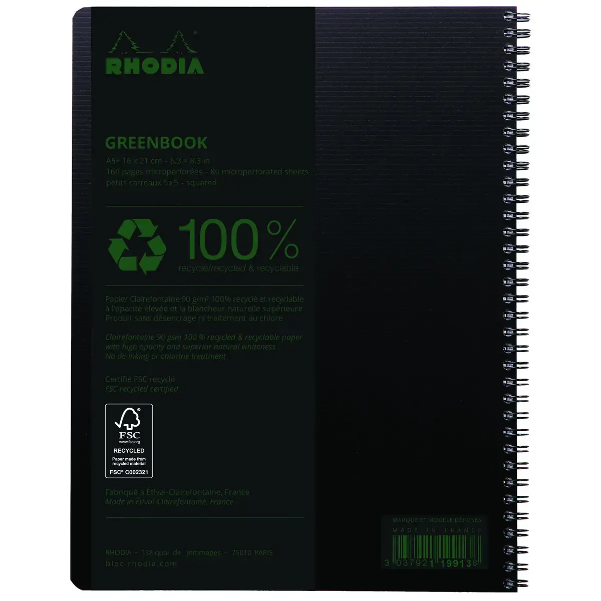 4 Cahiers polypropylène recyclé + 1 offert - 160 pages- A4+ 5x5 - Noir - Rhodia