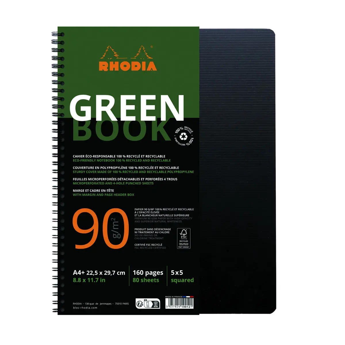 4 Cahiers polypropylène recyclé + 1 offert - 160 pages- A4+ 5x5 - Noir - Rhodia