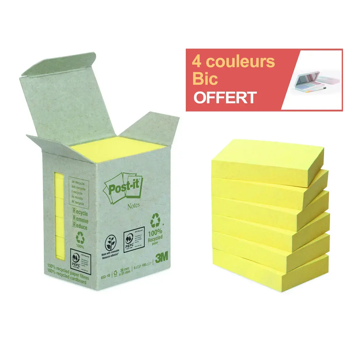 24 Blocs de notes repositionnables recyclées - 3,8 x 5,1 cm - Jaune - Post-It