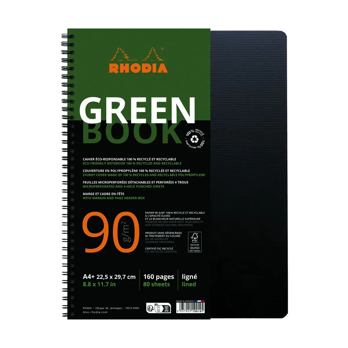4 Cahiers Rhodia polypropylène recyclé + 1 offert - 160 pages A4+ Ligné. Noir