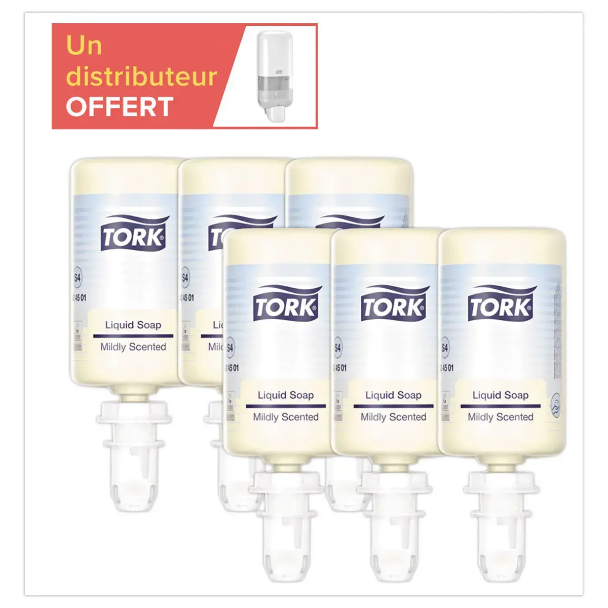 6 recharges savon doux et parfum&eacute; Tork S4 1L + 1 distributeur S4 offert 