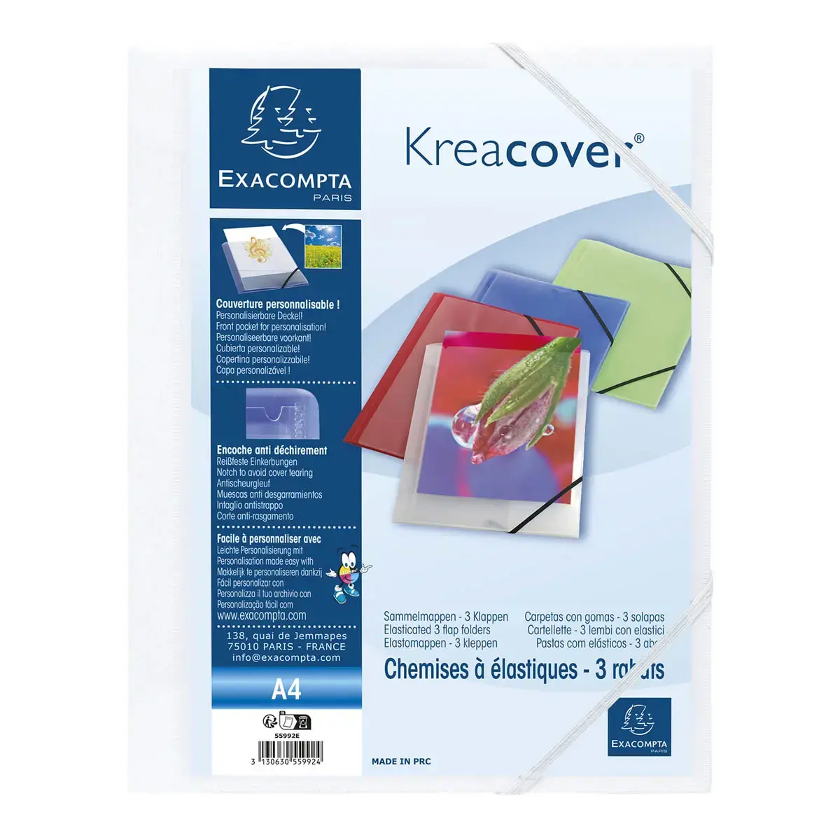 Chemise à élastiques 3 rabats polypropylène opaque Krea Cover - A4 - Blanc - EXACOMPTA