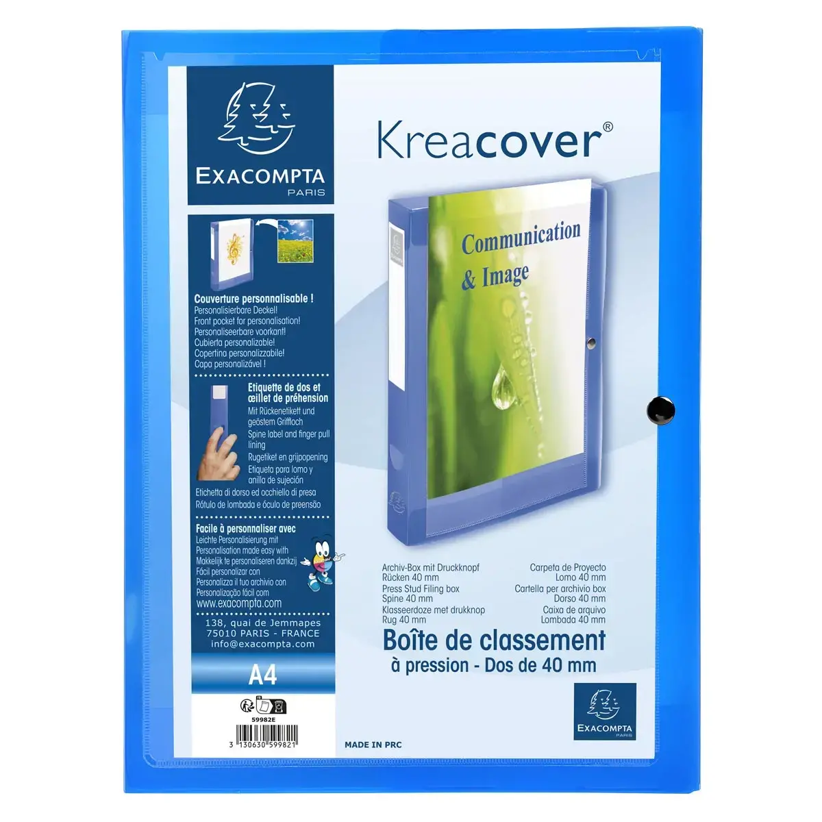 Boite de classement à pression Dos 40mm polypropylène chromaline 7/10e Krea Cover - Bleu - EXACOMPTA