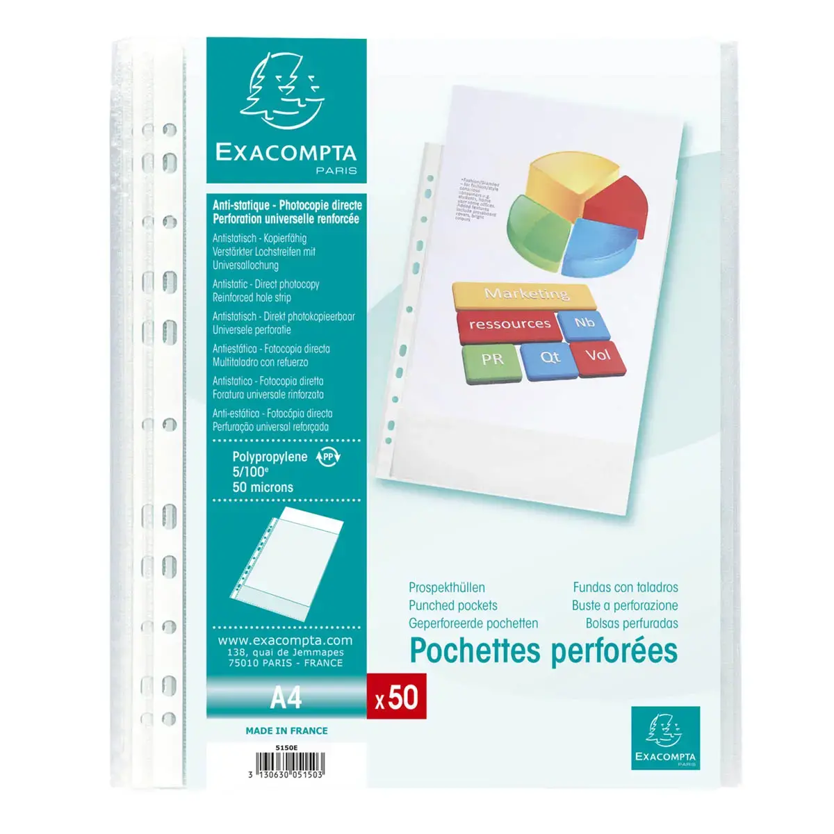 Sachet de 50 pochettes perfor&eacute;es polypropyl&egrave;ne grain&eacute; 5/100e - A4 - Cristal - EXACOMPTA 