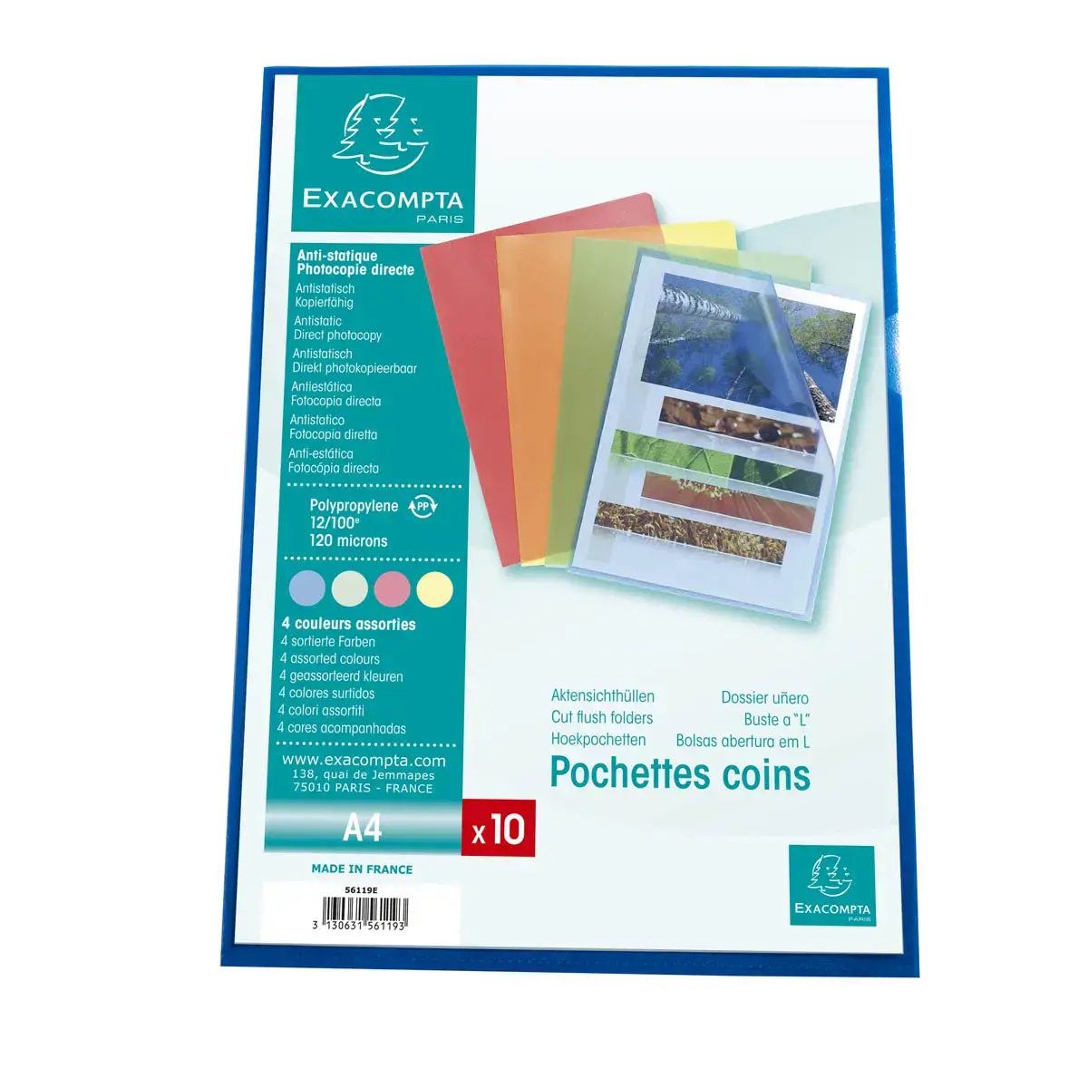 Sachet 10 pochettes coin polypropyl&egrave;ne grain&eacute; 12/100e - A4 - Couleurs assorties - Exacompta 