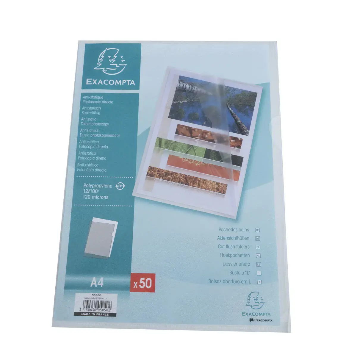 Sachet 50 pochettes coin polypropyl&egrave;ne grain&eacute; 12/100e - A4 - Cristal - Exacompta 