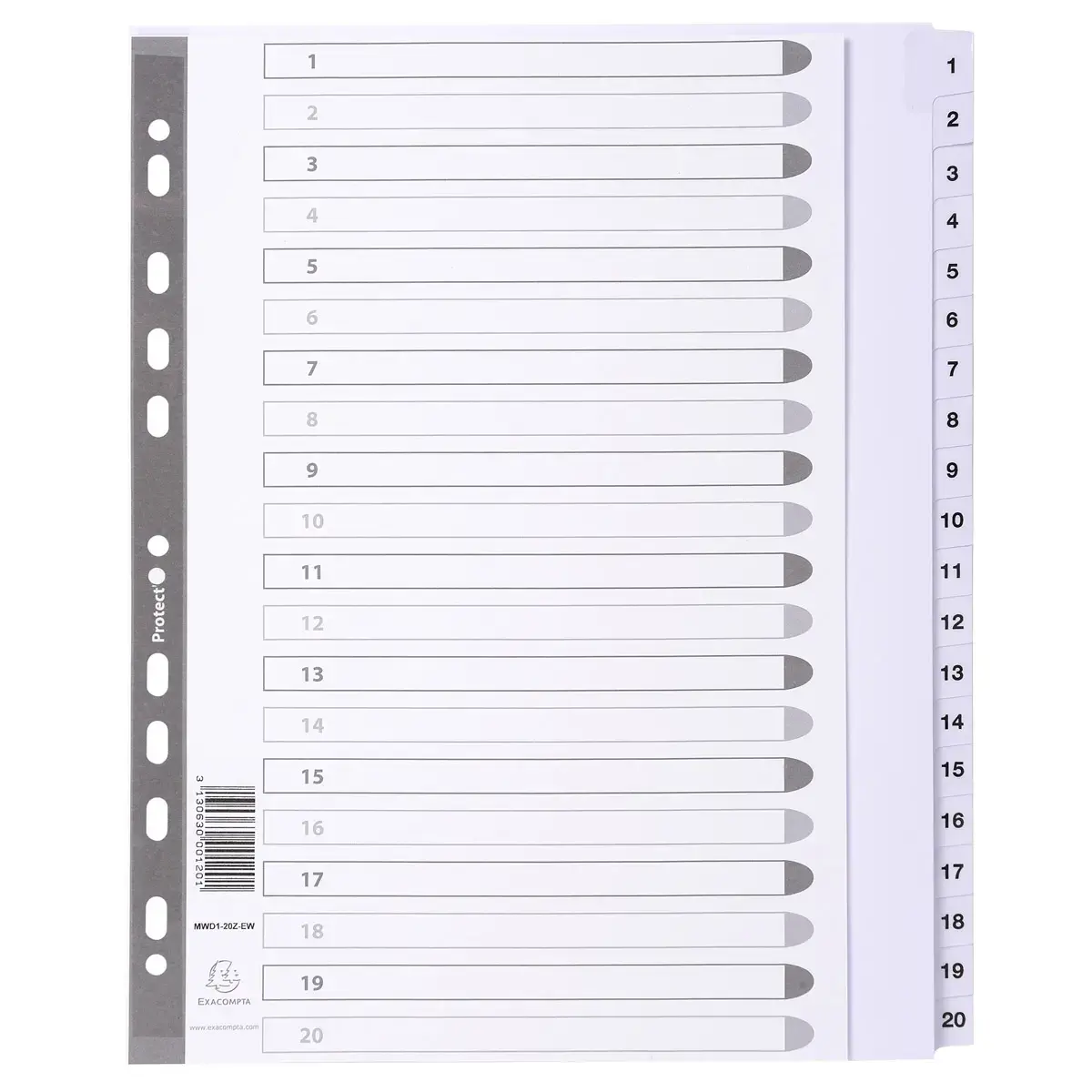 Intercalaires imprimés à touches plastifiées - 20 touches 1 à 20 - A4 maxi - Blanc - EXACOMPTA