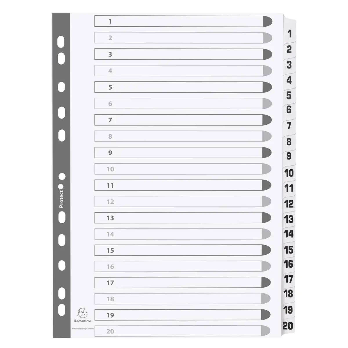 Intercalaires imprim&eacute;s &agrave; touches plastifi&eacute;es - 20 touches 1 &agrave; 20 - A4 - Blanc - EXACOMPTA 