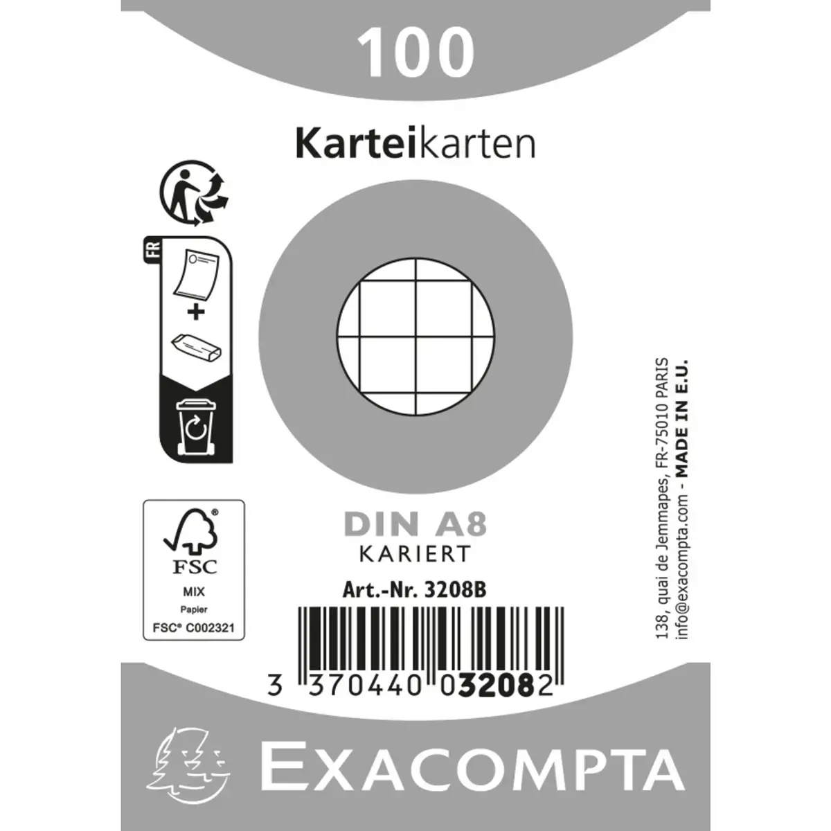 Paquet 100 fiches sous film - bristol quadrillé 5x5 non perforé 55x74mm - Blanc - EXACOMPTA