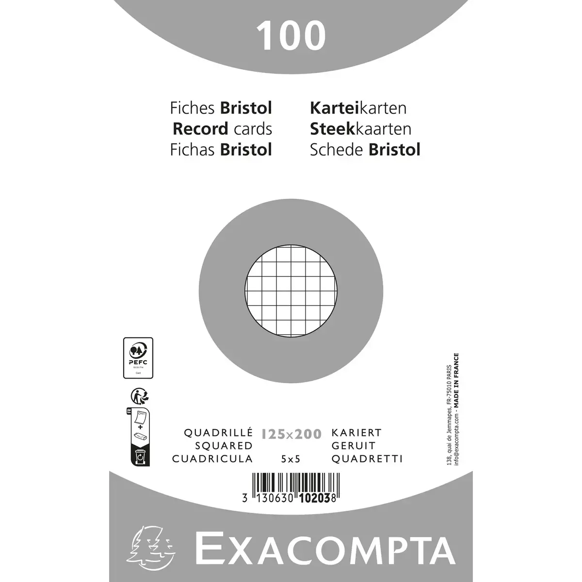 Paquet 100 fiches sous film - bristol quadrillé 5x5 non perforé 125x200mm - Blanc - EXACOMPTA
