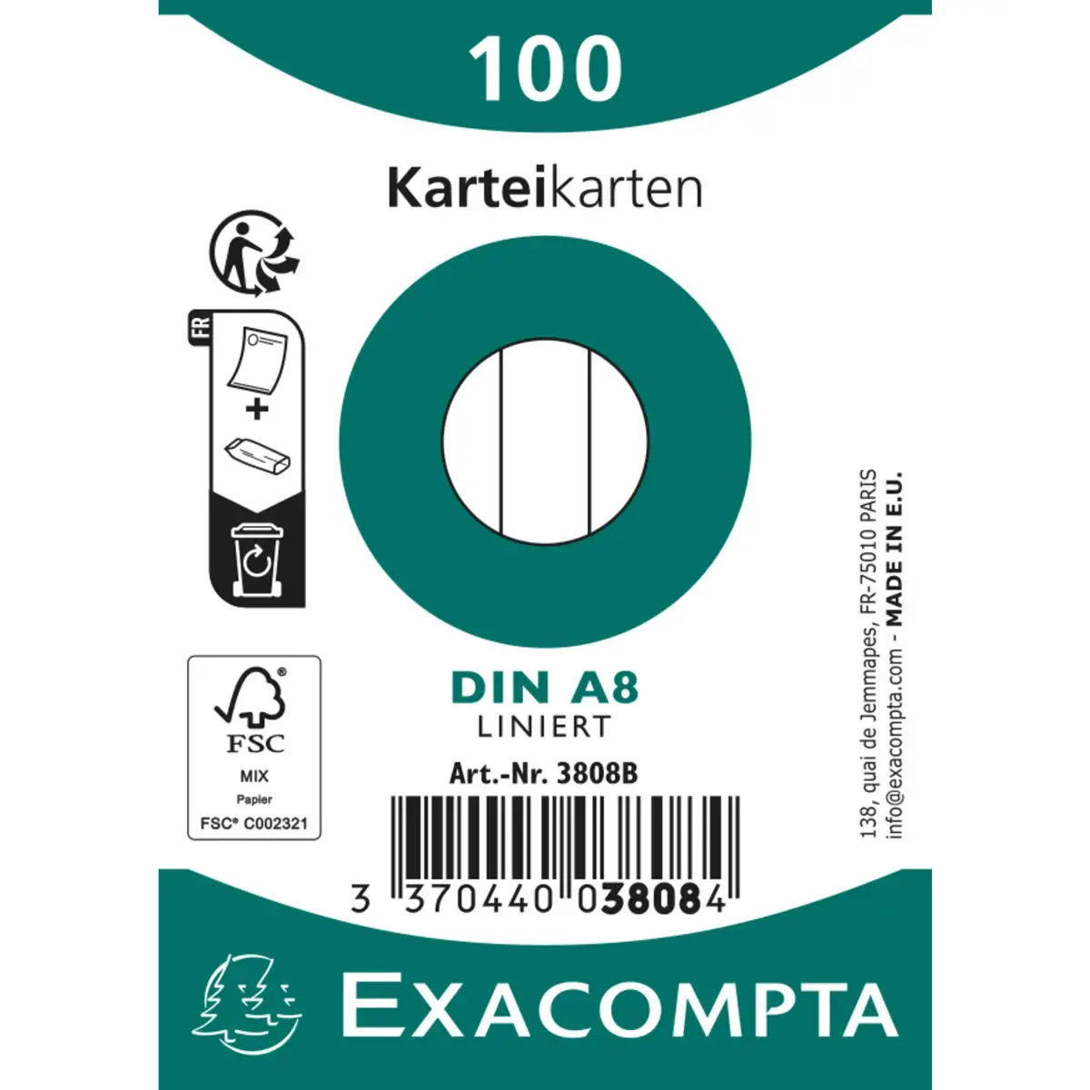 Paquet 100 fiches sous film - bristol ligné non perforé 55x74mm - Blanc - EXACOMPTA