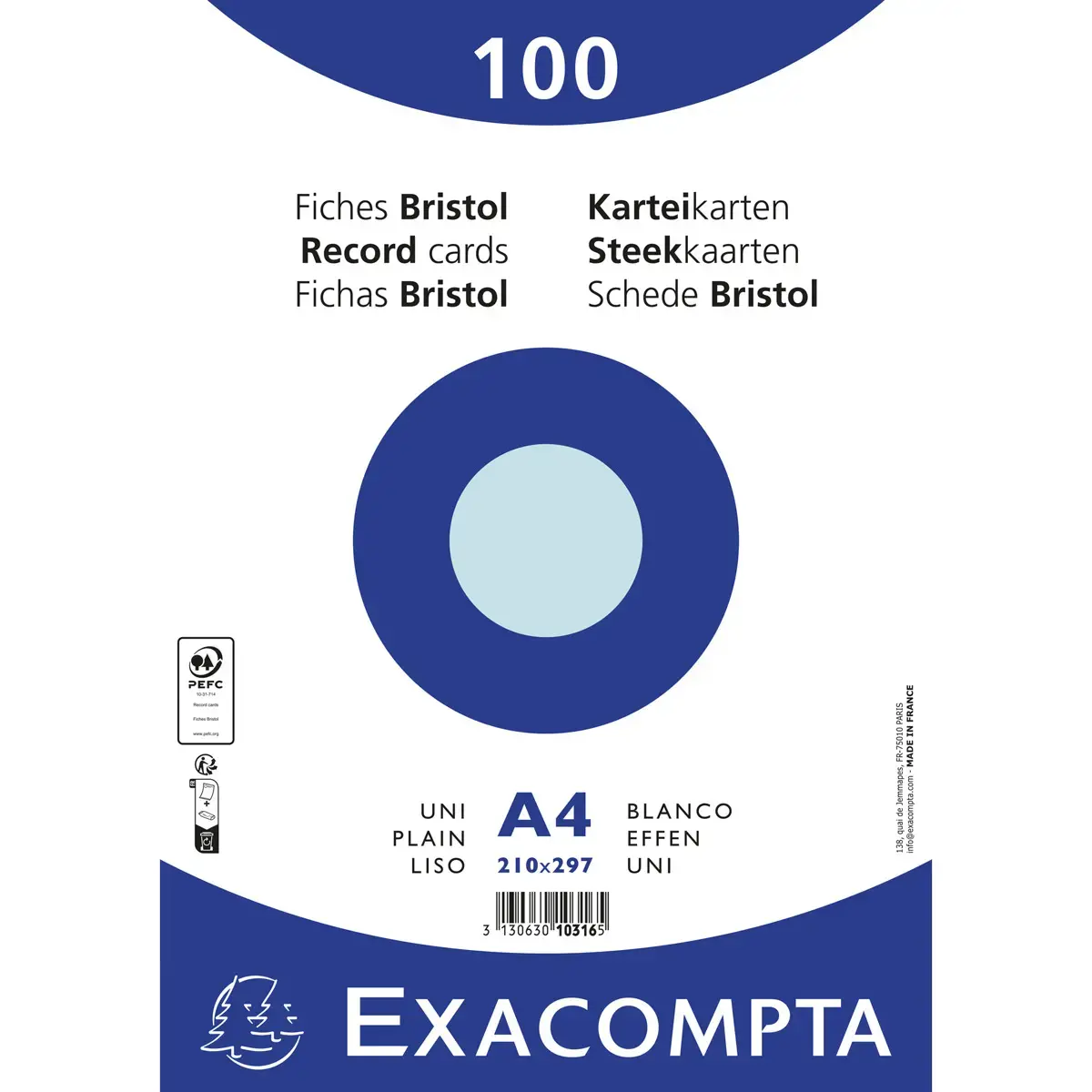 Paquet 100 fiches sous film - bristol uni non perforé 210 x 297 mm - Azur - Exacompta