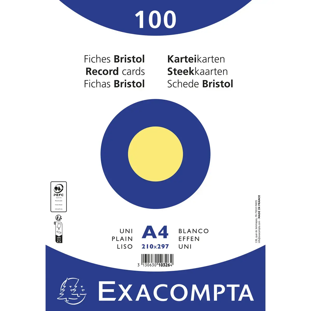 Paquet 100 fiches sous film - bristol uni non perforé 210x297mm - Jaune - EXACOMPTA