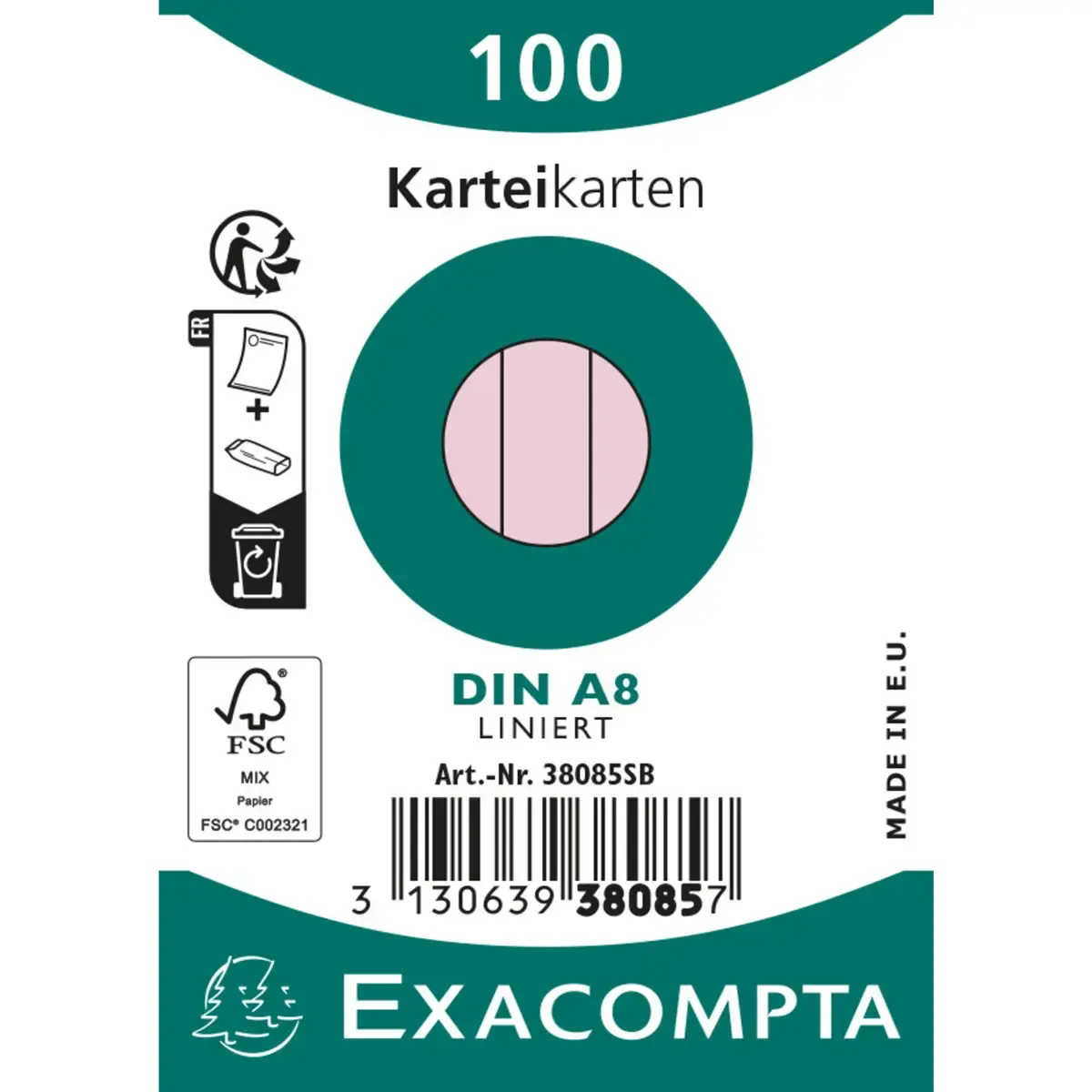 Paquet 100 fiches sous film - bristol ligné non perforé 55x74mm - Rose - EXACOMPTA