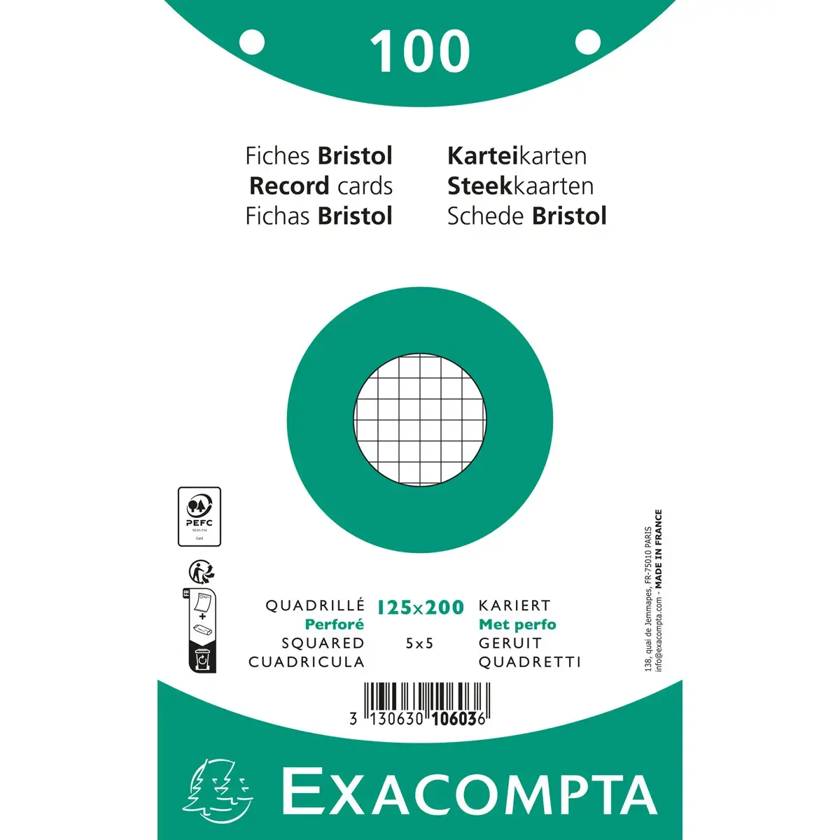 Paquet 100 fiches sous film - bristol quadrillé 5x5 perforé 125x200mm - Blanc - EXACOMPTA